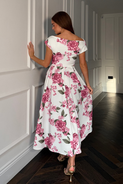 Girl In Mind Pink Floral Betty SI9258-B Asymmetric Skater Midi Dress