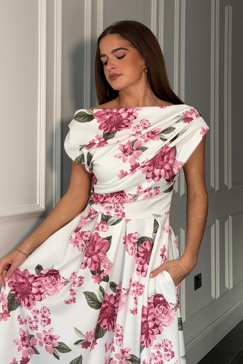 Girl In Mind Pink Floral Betty SI9258-B Asymmetric Skater Midi Dress
