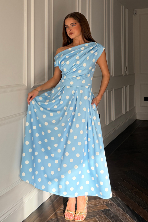 Girl in Mind Women's Betty Asymmetric Neckline Skater Midi Dress Blue Polka SI9258-D