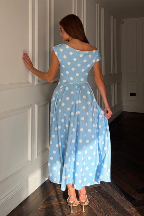 Girl in Mind Women's Betty Asymmetric Neckline Skater Midi Dress Blue Polka SI9258-D