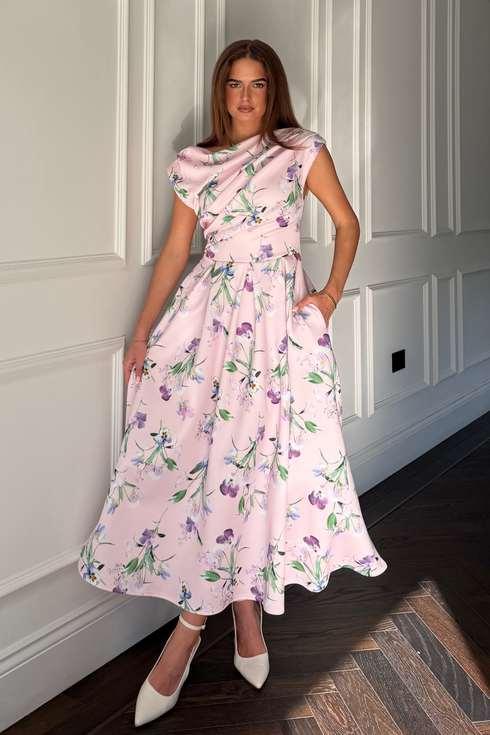 Girl In Mind Purple Floral Betty SI9258-I Asymmetric Skater Midi Dress