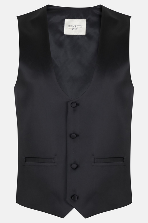 Benetti Satin Black Leister Fit Four Button Formal Waistcoat