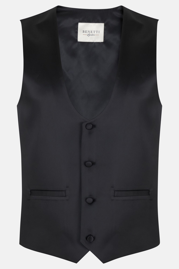 Benetti Satin Black Leister Fit Four Button Formal Waistcoat