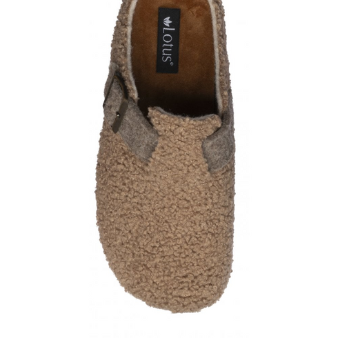 Lotus Nola Teddy Fleece Buckle Mule Slipper ULH141CC - Beige Teddy