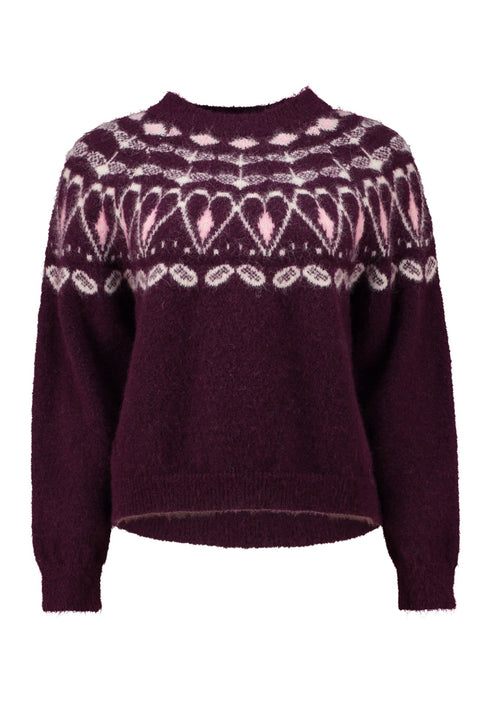 Hailys Co44lette Nordic Fairisle Crew Neck Knit Jumper UNF-9721 - Dark Cherry/Silky Rose