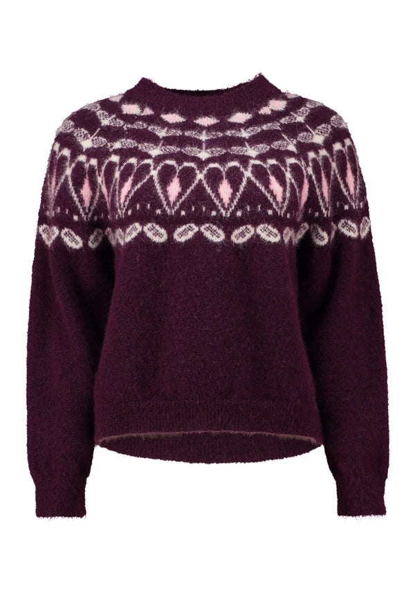 Hailys Co44lette Nordic Fairisle Crew Neck Knit Jumper UNF-9721 - Dark Cherry/Silky Rose