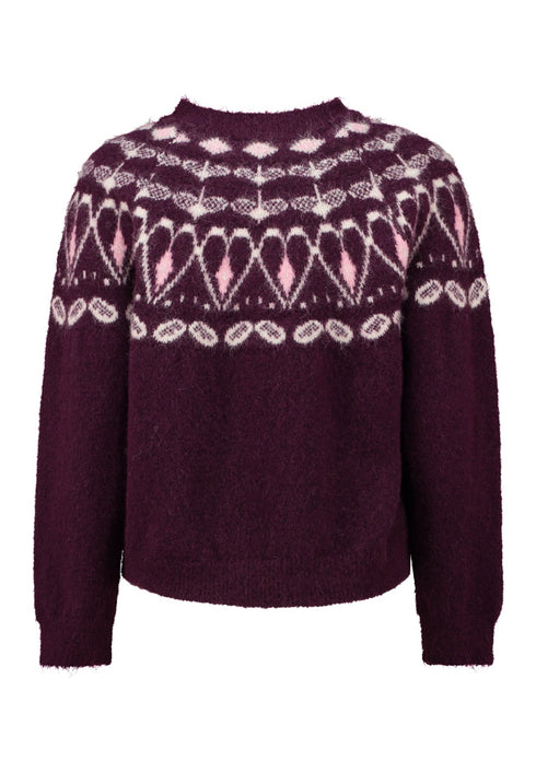 Hailys Co44lette Nordic Fairisle Crew Neck Knit Jumper UNF-9721 - Dark Cherry/Silky Rose