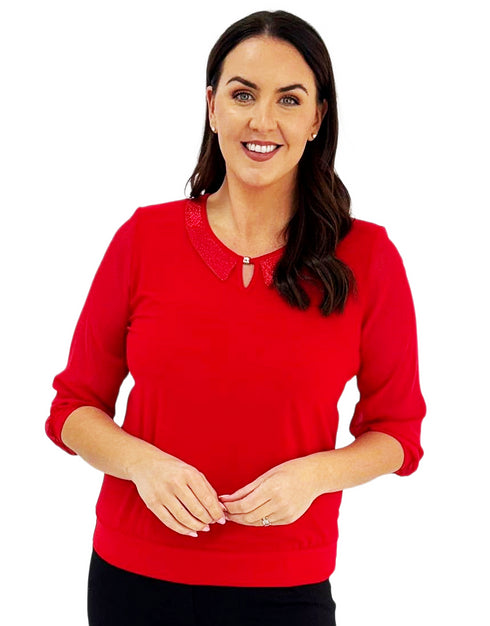 Yew Women's Top Red with Sequin Collar 2397 – Elegant 3/4 Sleeve Evening Top