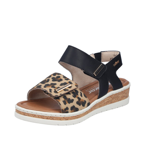 Rieker V4181-00 Women's Cork Black Leopard Wedge Sandals