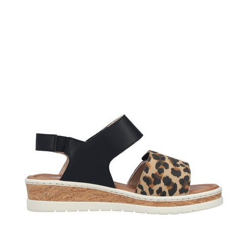 Rieker V4181-00 Women's Cork Black Leopard Wedge Sandals