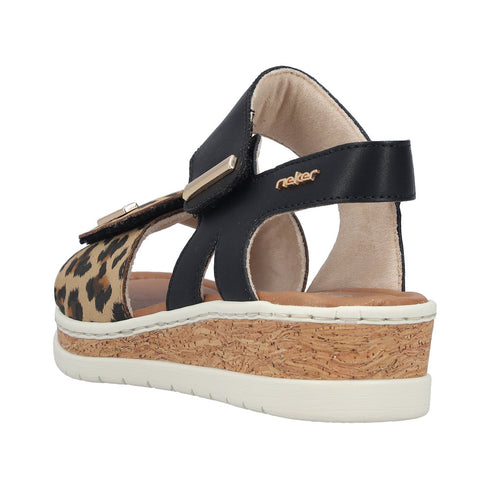 Rieker V4181-00 Women's Cork Black Leopard Wedge Sandals