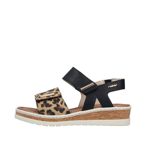 Rieker V4181-00 Women's Cork Black Leopard Wedge Sandals