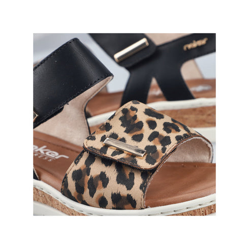 Rieker V4181-00 Women's Cork Black Leopard Wedge Sandals