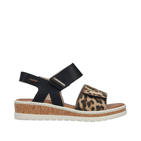 Rieker V4181-00 Women's Cork Black Leopard Wedge Sandals