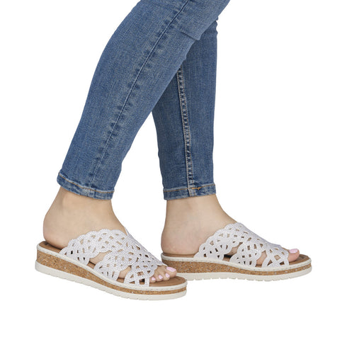 Rieker Womens White Morelia Mule Sandal with Perforated Detail V4189-80