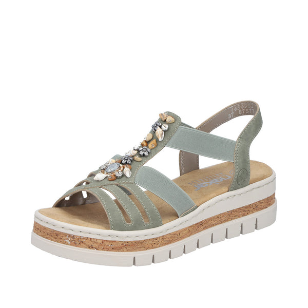 Rieker Womens Green V4949-52 Antistress Embellished Wedge Sandal