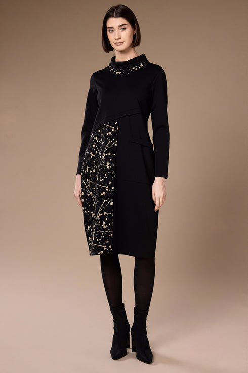 Peruzzi Printed Panel Cowl Neck Dress Black Sand W26138