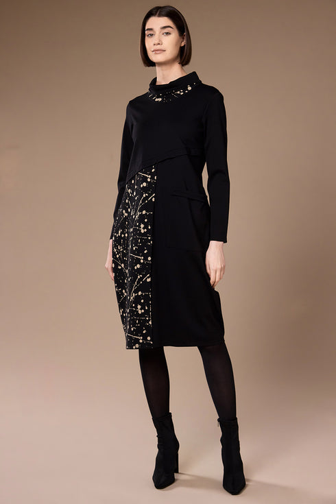 Peruzzi Printed Panel Cowl Neck Dress Black Sand W26138
