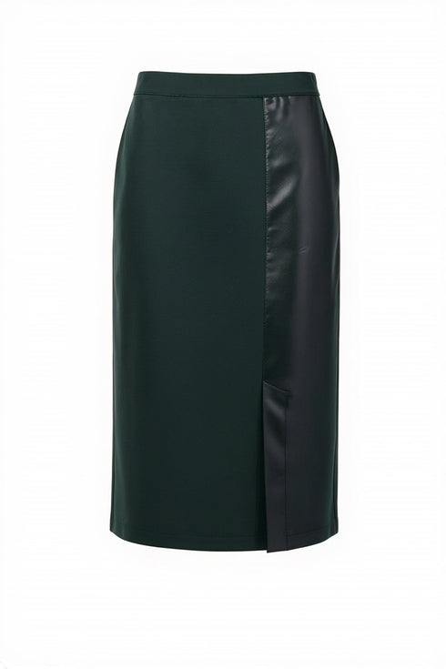 Peruzzi Contrast Faux Leather Panel Midi Skirt W26183 - Green