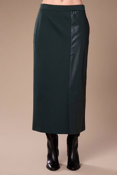 Peruzzi Contrast Faux Leather Panel Midi Skirt W26183 - Green