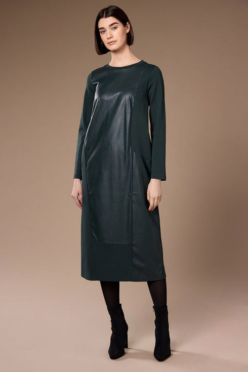 Peruzzi Contrast Faux Leather Panel Midi Dress W26184 - Green