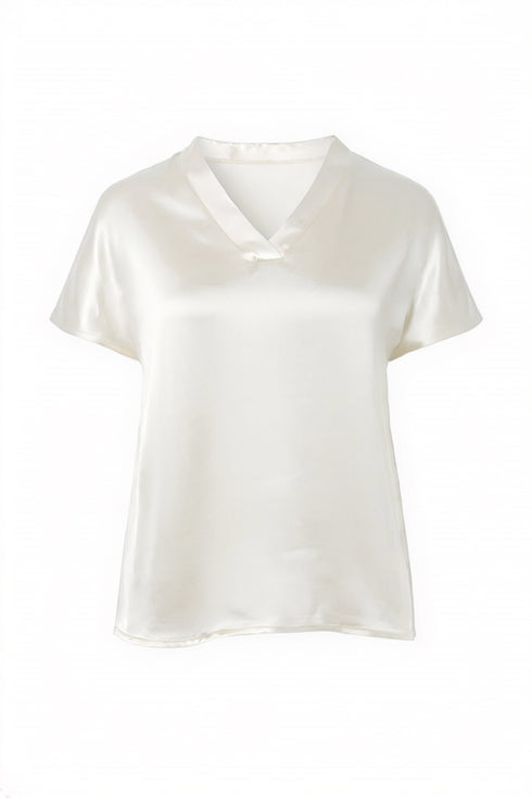 Peruzzi V-Neck Luminous Satin Short-Sleeve Top W26191 - Ecru