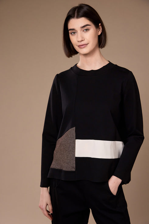 Peruzzi Women's Applique Panel Round Neck Top 09 Black W26506