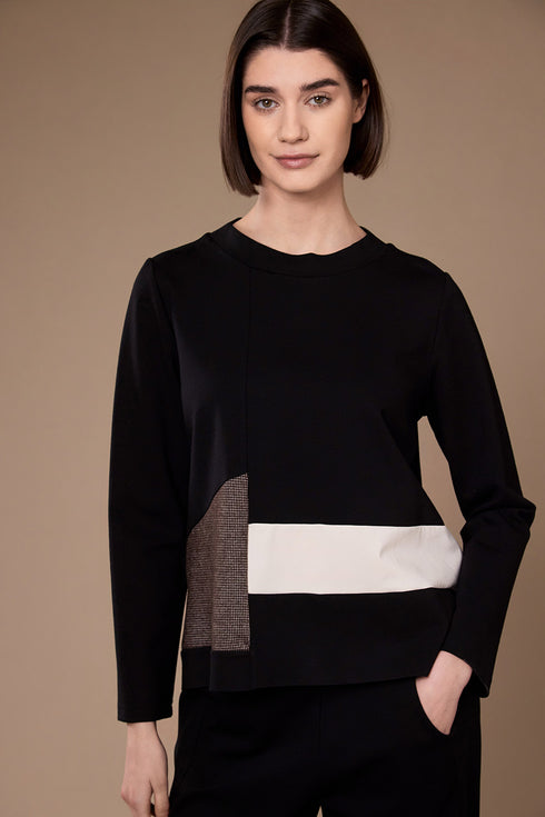 Peruzzi Women's Applique Panel Round Neck Top 09 Black W26506