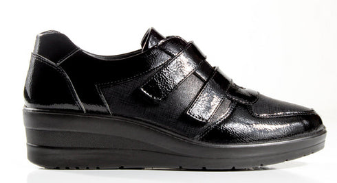 P Comfort WW1676 Black Patent PU Twin Velcro Strap Wedge Shoes