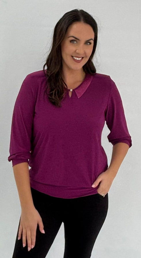 Yew Women's Top Red with Sequin Collar 2397 – Elegant 3/4 Sleeve Evening Top