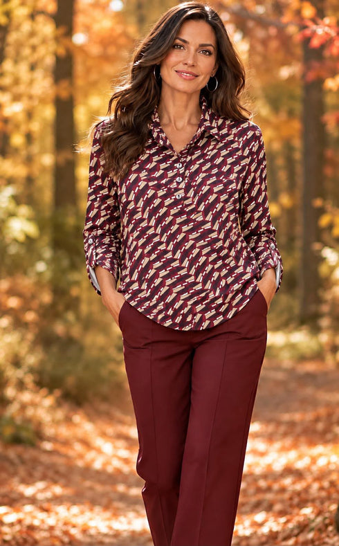 Yew Women's Burgundy Patterned Collared Top 3743