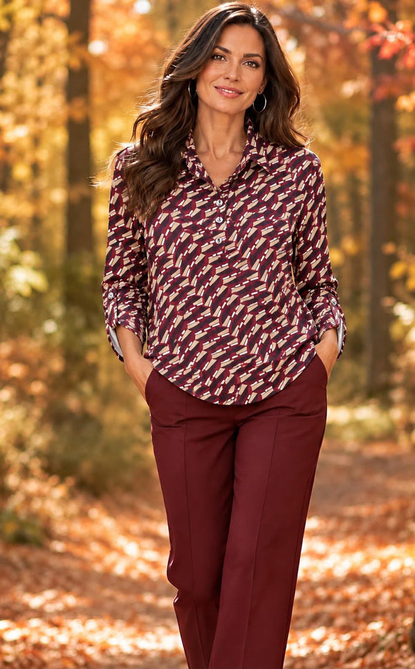 Yew Women's Burgundy Patterned Collared Top 3743