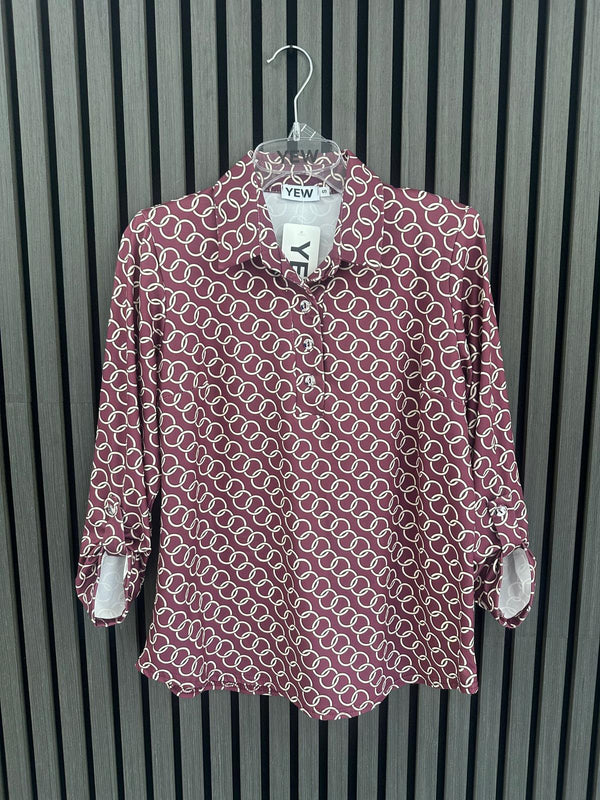 Yew Women's Burgundy and Gold Geometric Print Collared Top 3743