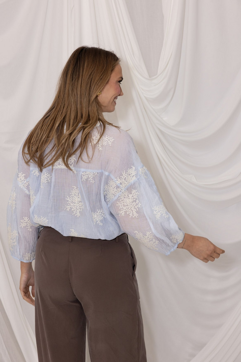Kimara Fashion Women's Light Blue Marion Blouse – 360-Degree Texture with 3/4 Puff Sleeves