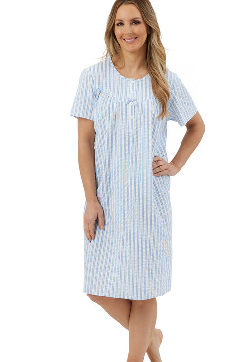 Marlon Coastal Stripe Seersucker Cotton Short Sleeve Nightdress MA44314