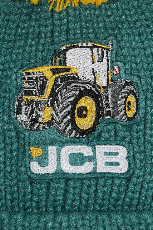 Lighthouse Green and Yellow JCB Logo Kids AW26 Cable Knit Bobbie Bobble Hat
