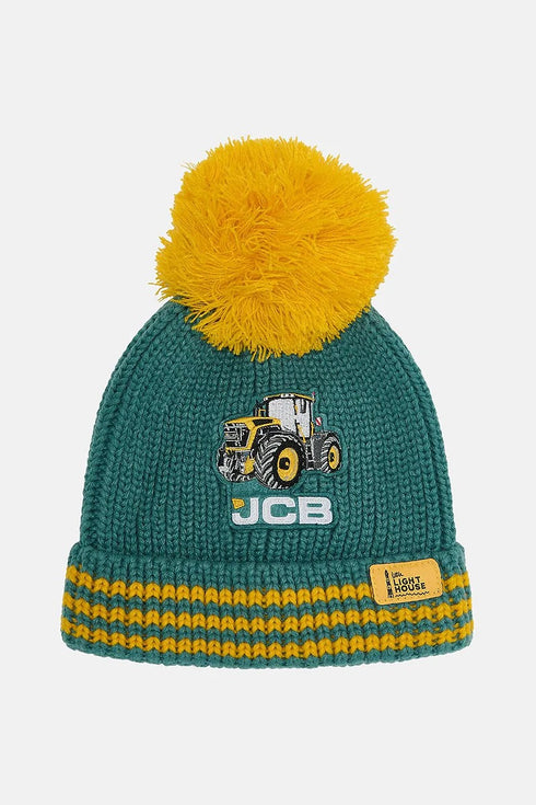 Lighthouse Green and Yellow JCB Logo Kids AW26 Cable Knit Bobbie Bobble Hat