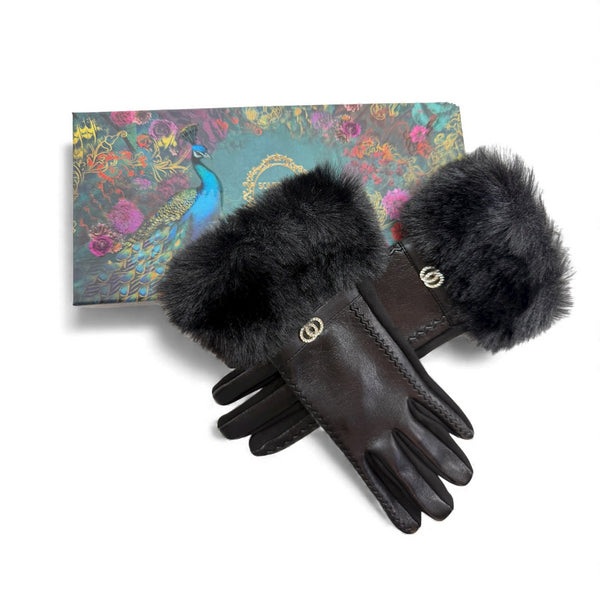 Brandwell Leather Look Gloves with Faux Fur Cuff – Gift Boxed Winter Gloves for Her 55M793