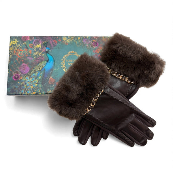 Brandwell Leather Look Chocolate Gloves with Faux Fur Cuff – Gift Boxed Winter Gloves for Her 55M793