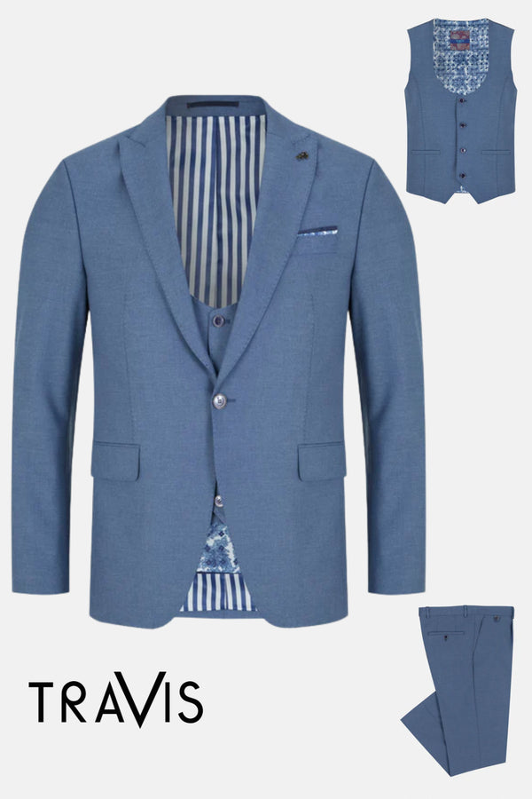 Travis by Benetti Carlos Three-Piece Cobalt Blue Slim Fit Suit - Scoop Waistcoat & Pleated Trousers