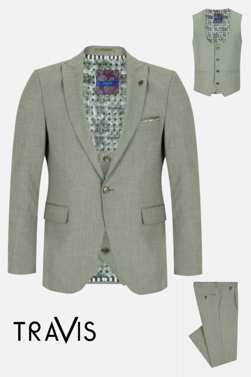 Travis by Benetti Carlos Three-Piece Sage Slim Fit Suit - Scoop Waistcoat & Pleated Trousers
