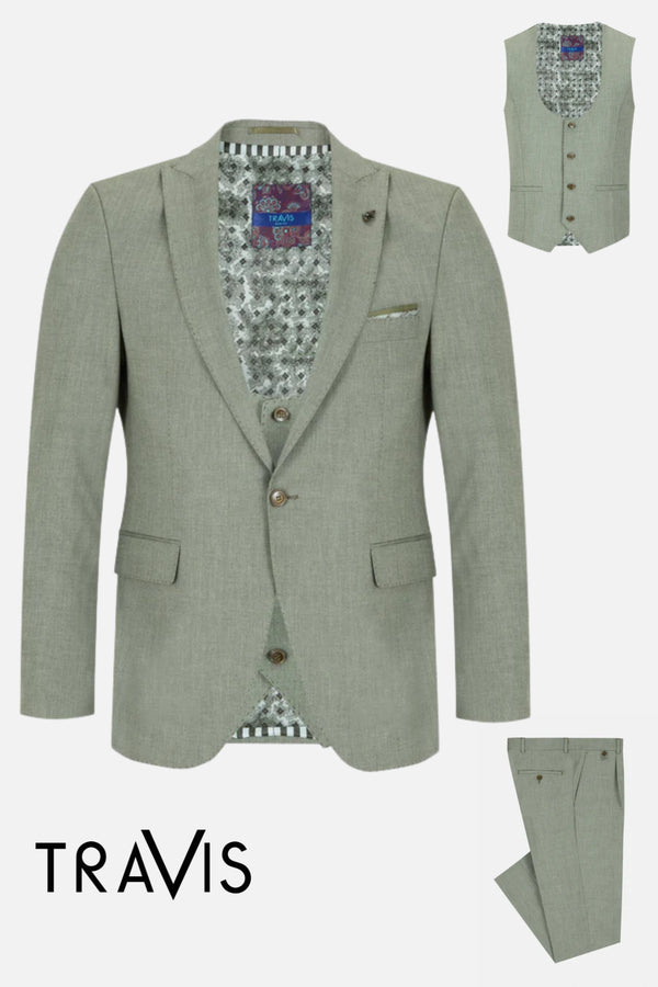 Travis by Benetti Carlos Three-Piece Sage Slim Fit Suit - Scoop Waistcoat & Pleated Trousers
