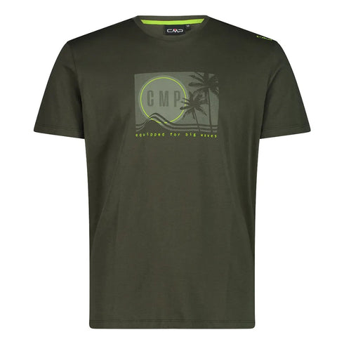 CMP Mens Oil Green Organic Cotton Tropical Print Beach T Shirt 30T9367