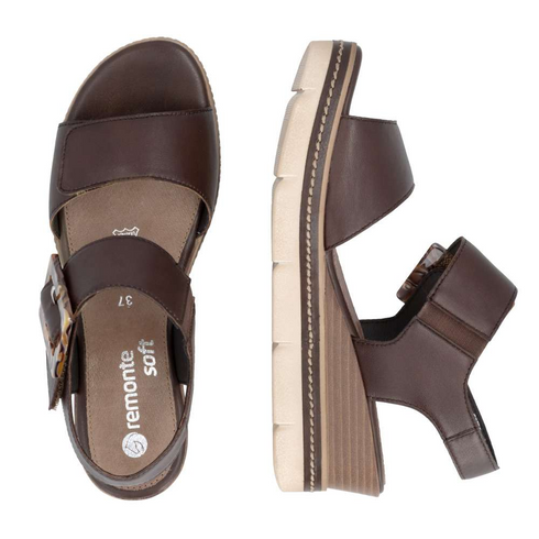 Remonte Women's Brown Leather Velcro Strap Wedge Sandals D2L53-25