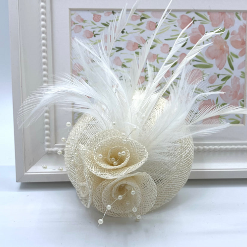 Womens Sinamay Round Floral Fascinator with Feather & Pearl Detail DO1