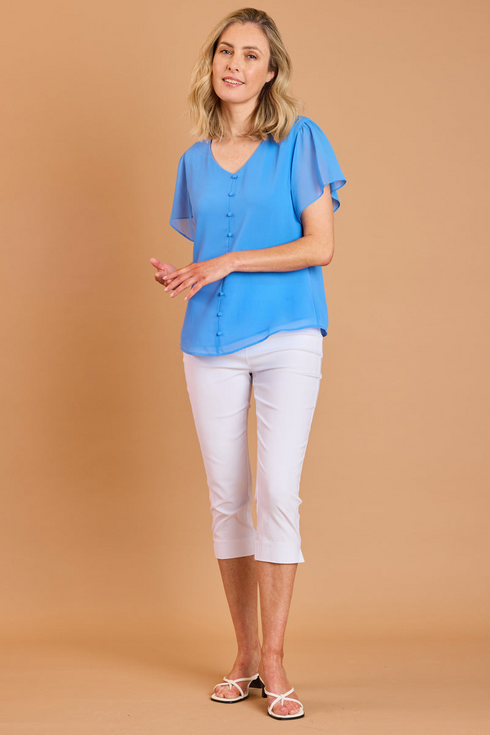 Emreco | 020714EW Royal Blue Angel Sleeve V Neck Button Blouse