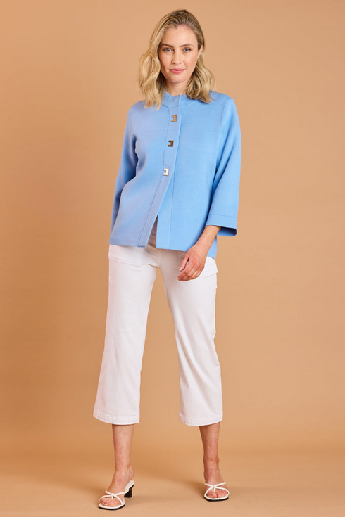 Emreco Light Blue Cropped Plain Coatigan with Silver Button Detail - 100802EW