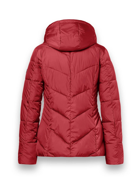 District Women's Flat White Red Pepper Mid-Length Quilted Jacket with Detachable Hood