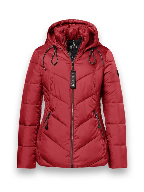 District Women's Flat White Red Pepper Mid-Length Quilted Jacket with Detachable Hood