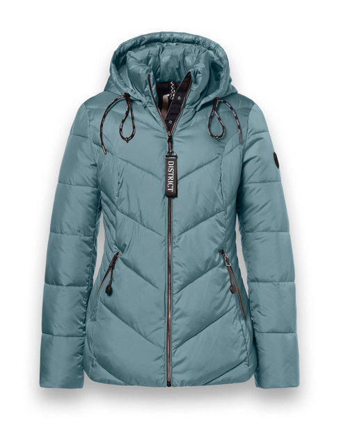 District Women's Mineral Blue Mid-Length Quilted Jacket with Detachable Hood